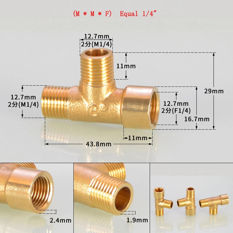 Brass Tee Pipe Fittings – NPT Thread, 1/8" to 2", M/F Configurations