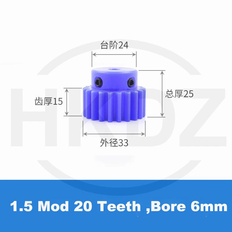 1.5 Mod Blue Nylon Spur Gear 15-60T,Bore 6-12mm Pinion Gear With Step Motor Gear