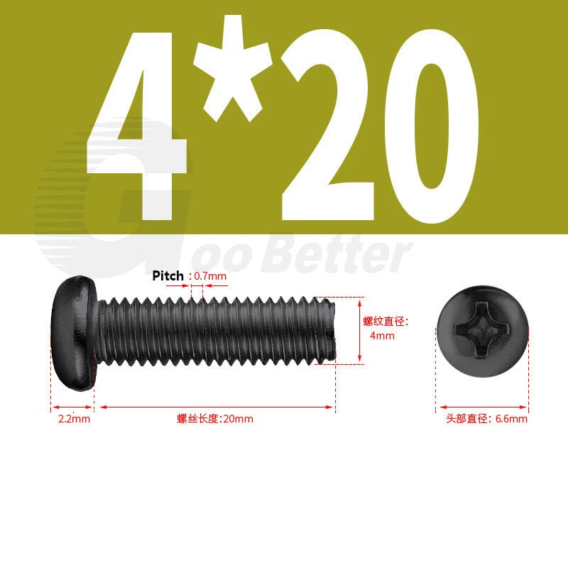 M2 M2.5 M3 M4 M5 Black Zinc Phillips Pan Head Machine Screws – Carbon Steel, 3–20mm