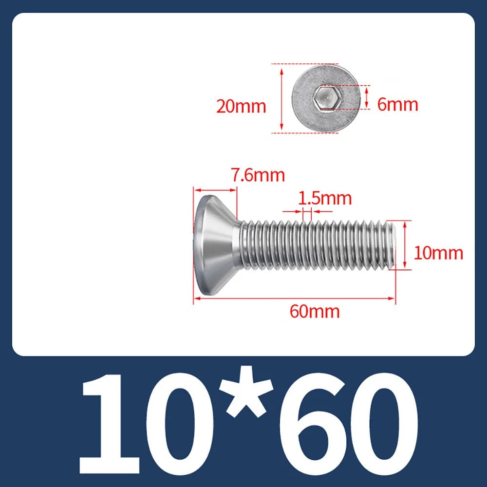 M8 M10 Countersunk Socket Head Screws – 304 Stainless Steel A2, Fully Threaded, 10–150mm