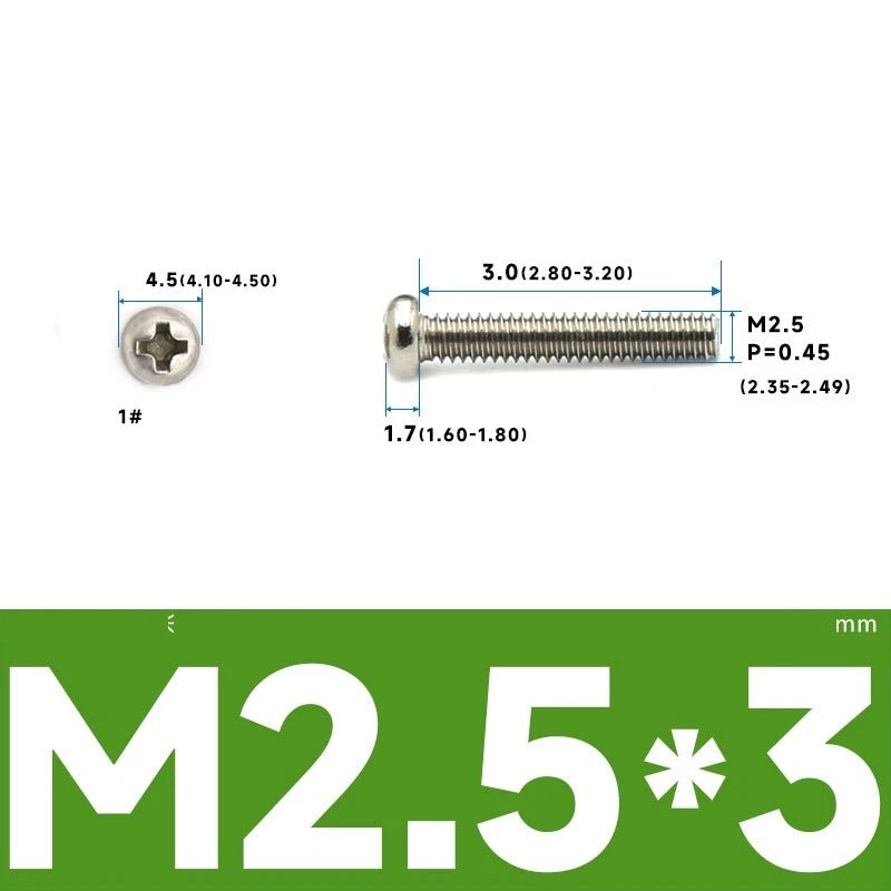 M1–M2.5 Pan Head Phillips Machine Screws – A2 Stainless Steel (304), Fully Threaded - HomeDIYer