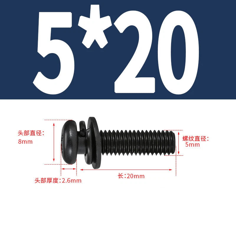 Black Zinc Pan Head Machine Screws with Washers, M2–M6 Pozi Phillips Drive