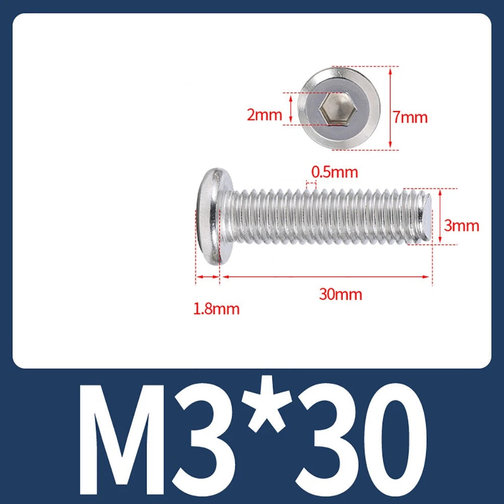 M2 M3 M4 Flat Round Head Hex Socket Screws – A2 Stainless Steel, Fully Threaded (3–50mm)