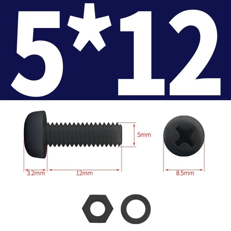 Black Nylon Phillips Machine Screws with Nuts & Washers — Metric M2 to M8 - HomeDIYer