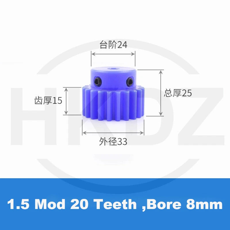 1.5 Mod Blue Nylon Spur Gear 15-60T,Bore 6-12mm Pinion Gear With Step Motor Gear