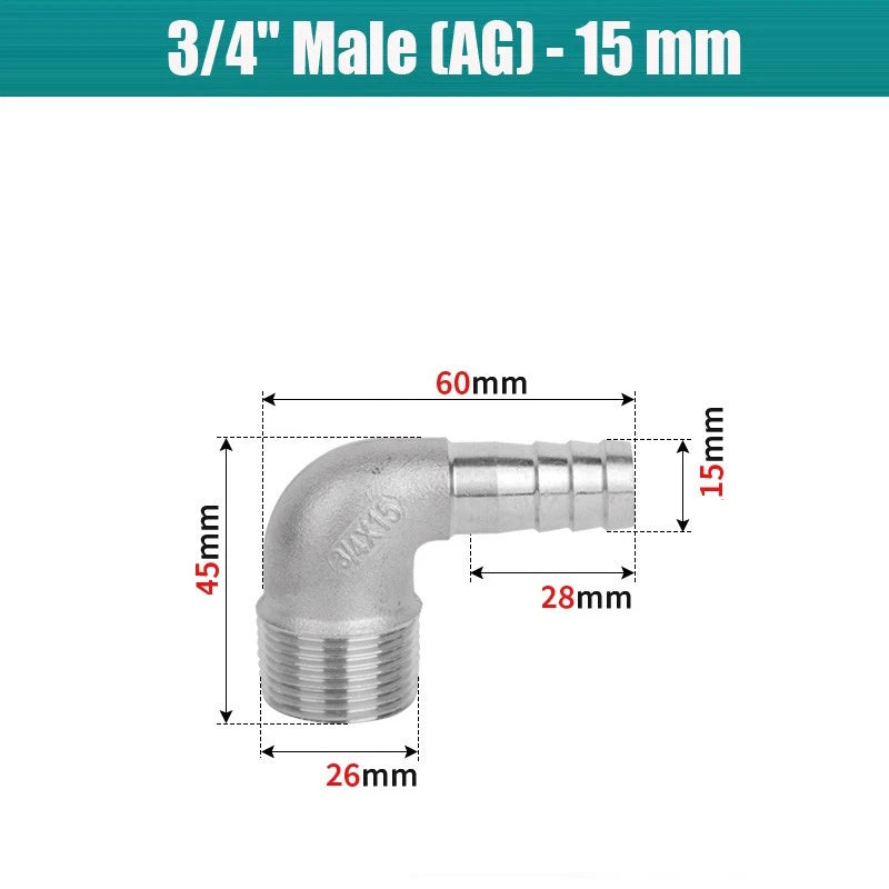 BSP Male Elbow Barbed Hose Connector — Stainless Steel, 1/8" to 1/2", 6–16mm
