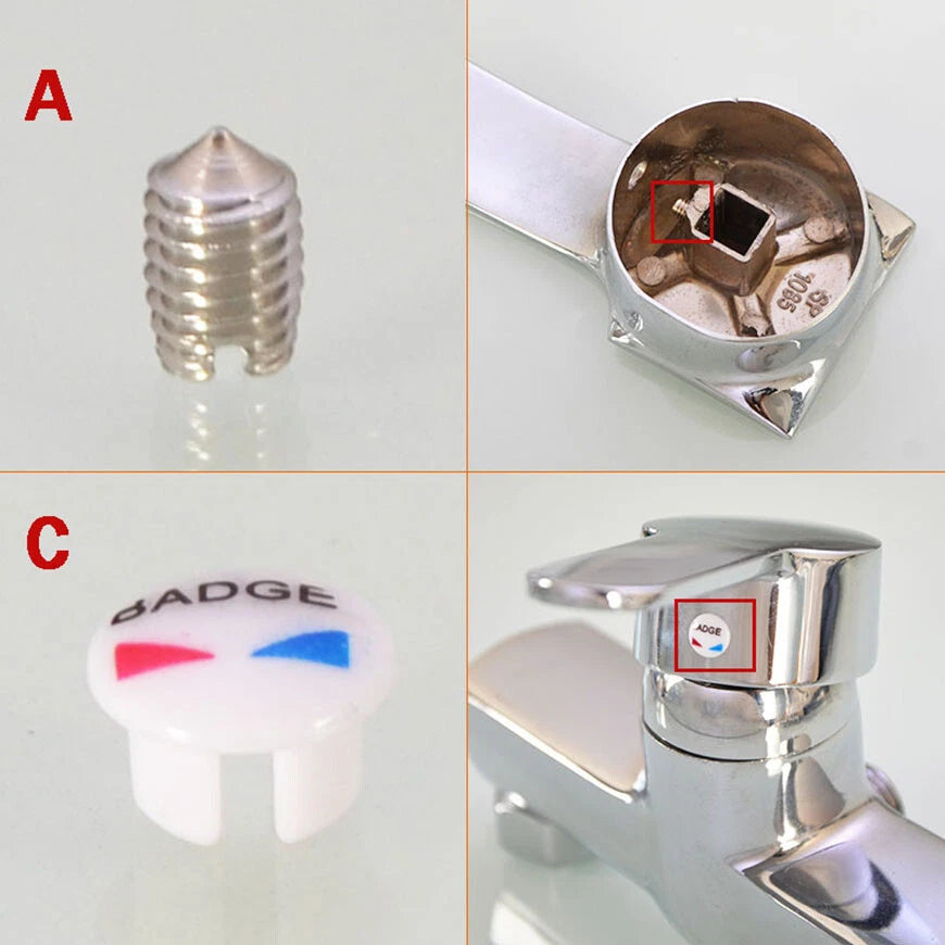 Basin Faucet Hot & Cold Indicator Screw Cover Caps – Tap Handle Head Fixing Screws (Type A/B/C/D, Plastic or Metal)