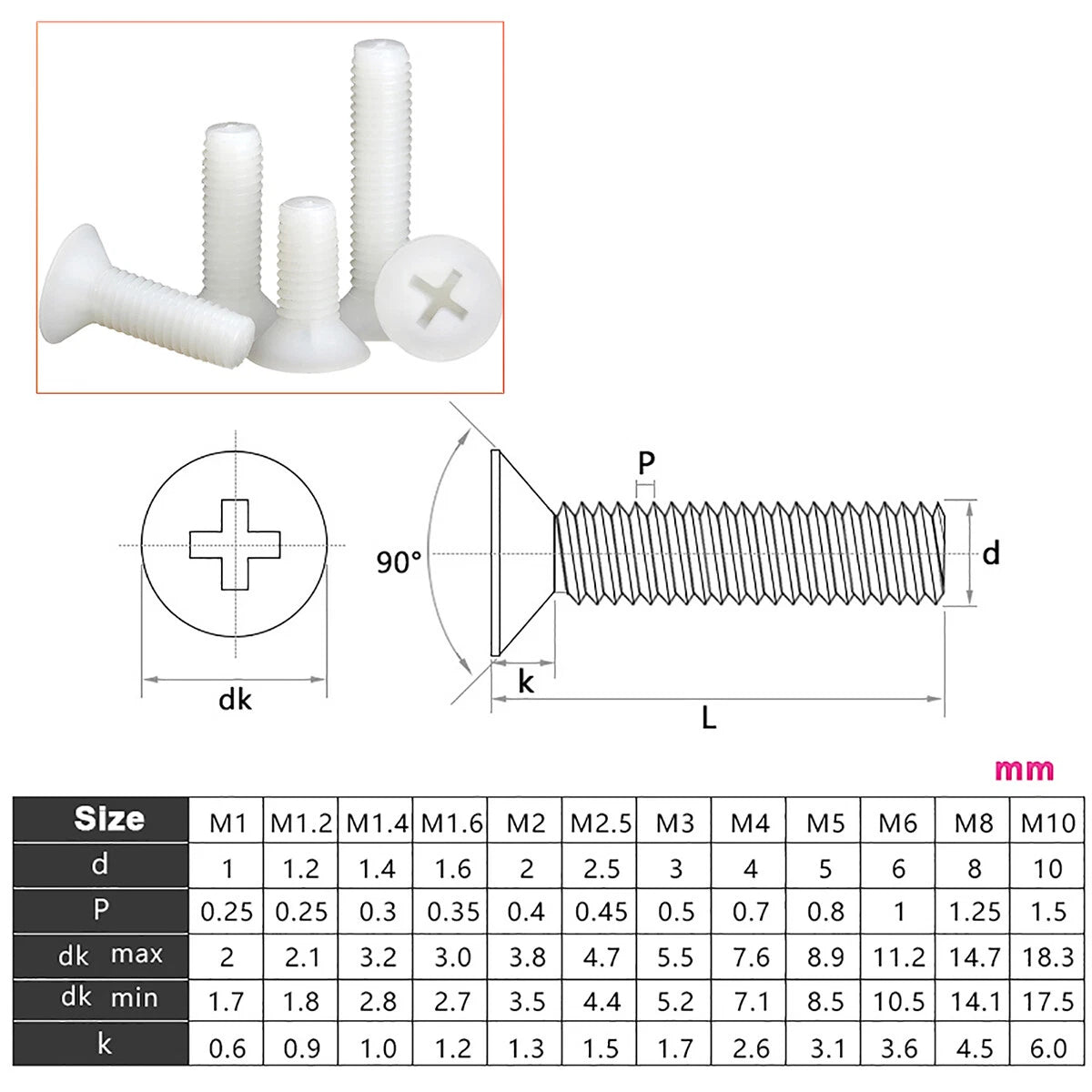 White Nylon Phillips Pan / Countersunk Head Machine Screws with Hex Nuts – M3 M4 M5 M6 M8, Non‑Conductive & Corrosion‑Free