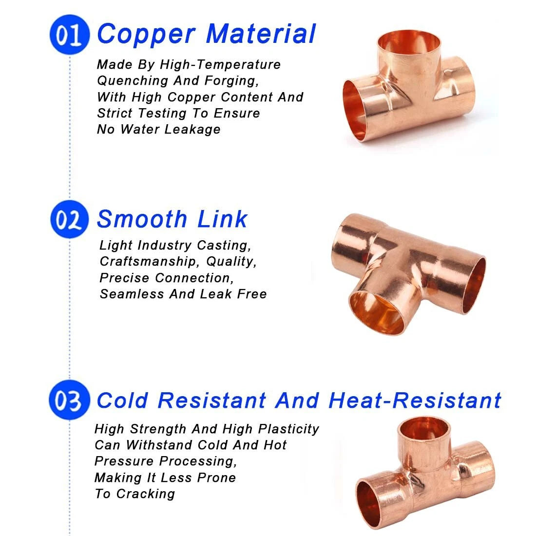 Copper End Feed Equal Tee Fitting | 3-Way Pipe Connector Φ6mm–Φ133mm