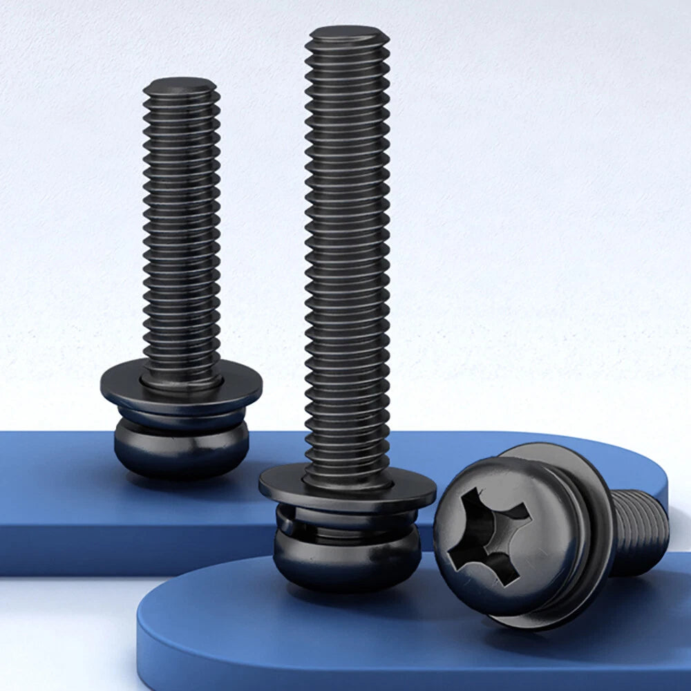 M2–M8 Black Phillips Pan Head Machine Screws with Flat Washers & Spring Washers