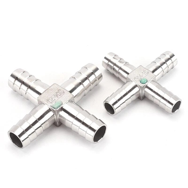 A2 Stainless Steel Cross 4-Way Barbed Hose Connector | 8–25mm | Air Fuel Water Gas