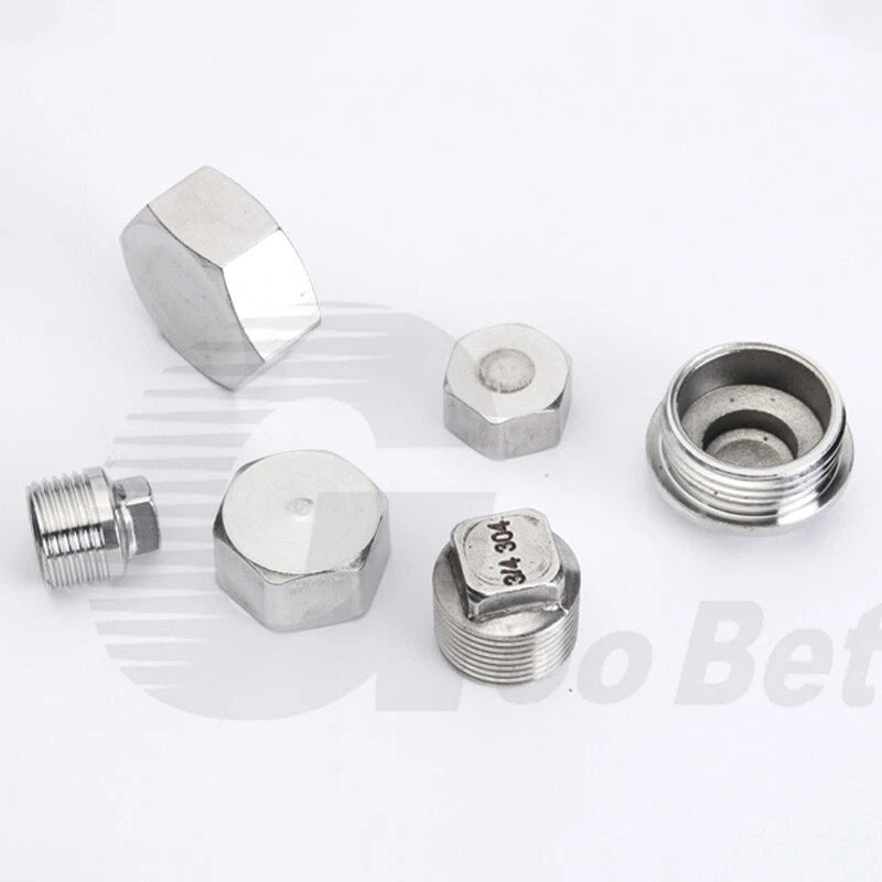 Stainless Steel 304 BSP Pipe Plug & End Cap — Male Plug / Female Cap, 1/2" to 1"