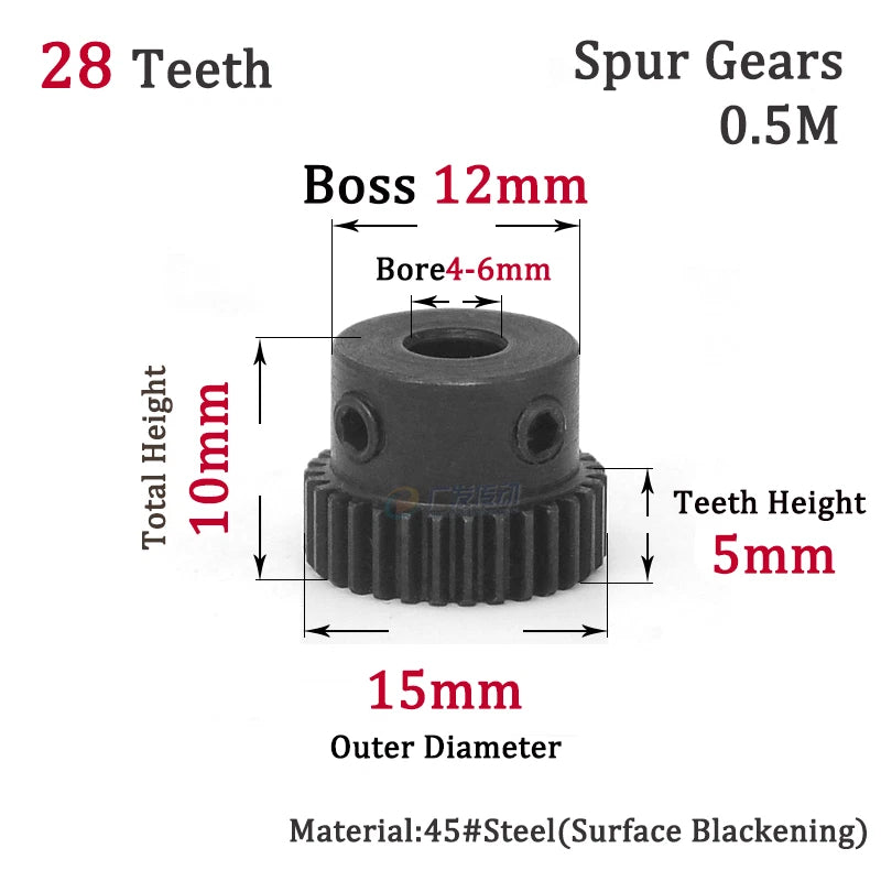 0.5M 25-28T Spur Gears Steel Pinion Gears Metal Spur Transmission Gear 45 Steel