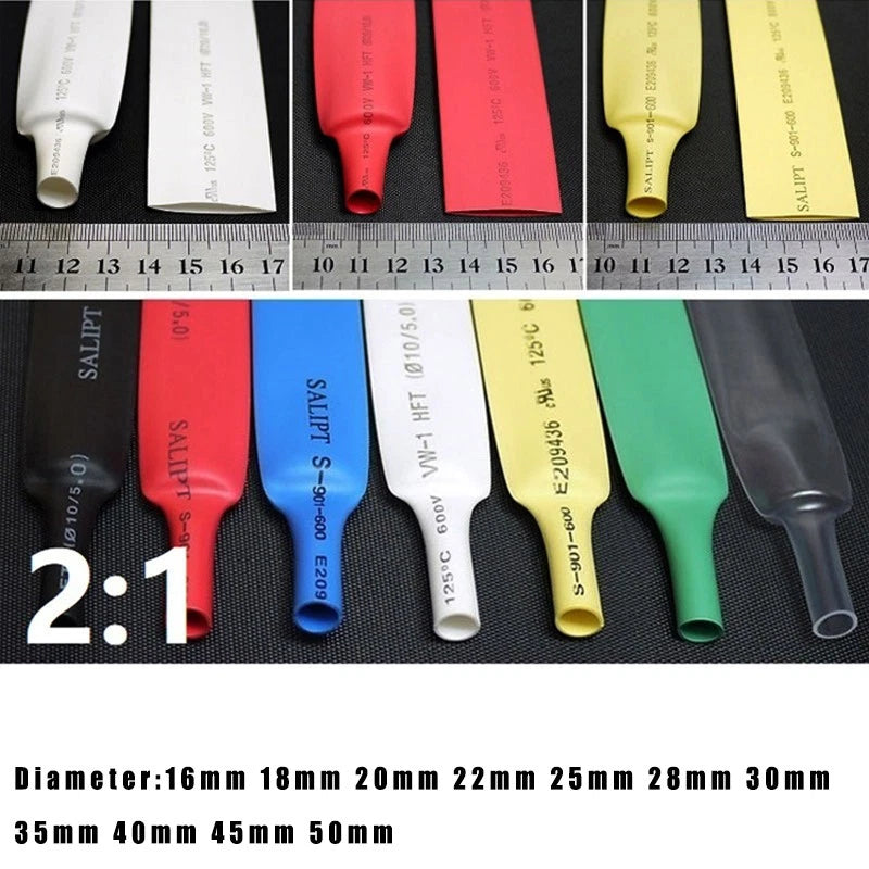 Heat Shrink Tubing 2:1 Ratio – Electrical Wire Sleeving, 16mm to 50mm, 7 Colors