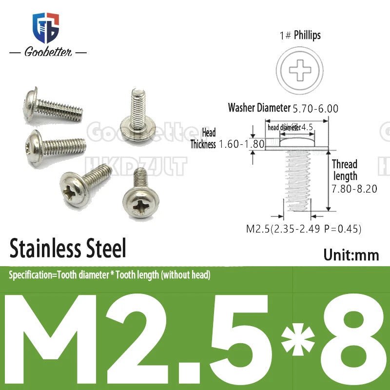 M2.5 / M2.6 / M3 Pan Head Phillips Machine Screws with Integrated Washer — Carbon Steel & Stainless, Multi - Finish - HomeDIYer