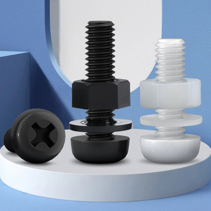 Nylon Plastic Phillips & Hex Machine Screws – M8 M10 M12, Pan / Flat / Cap Head, with Nuts & Washers