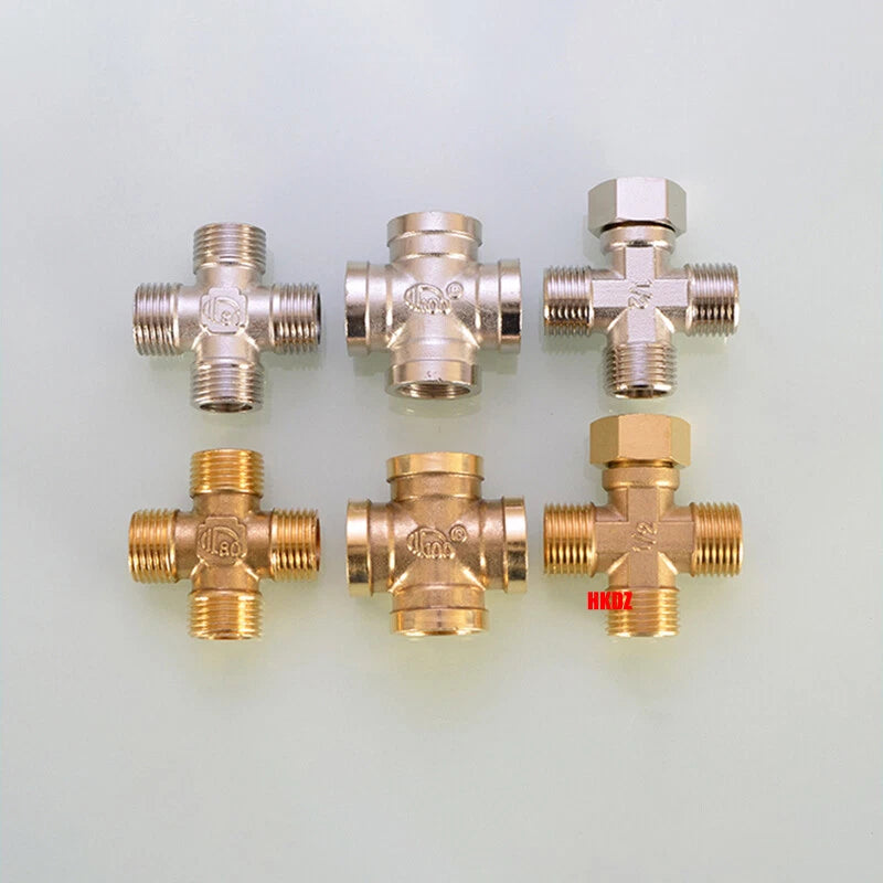 Brass 4-Way Cross Pipe Fitting — 1/2" & 3/4" Male or Female Thread, Water Air Gas