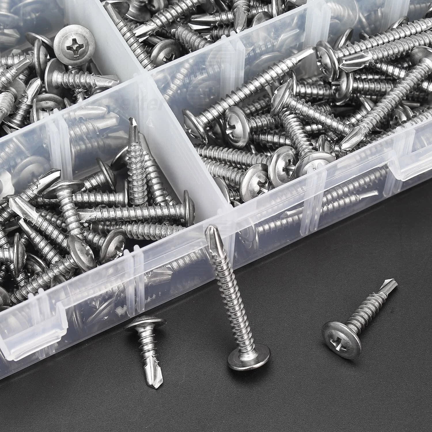 190pcs #8 Wafer Head Self Drilling Screws – 410 Stainless Steel, 1/2″ 5/8″ 3/4″ 1″ 1-1/4″