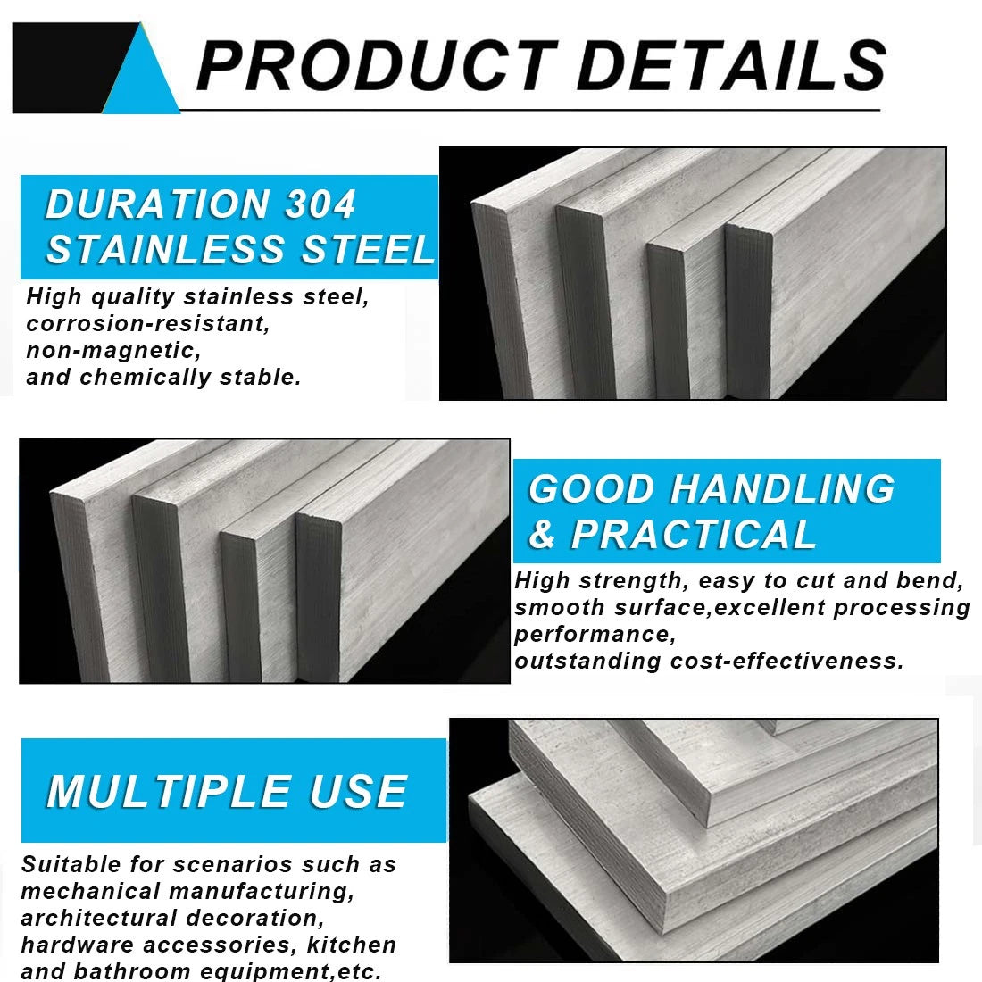 Stainless Steel Flat Bar Plate Grade 304 Various Size & Length 100/200/300/500mm