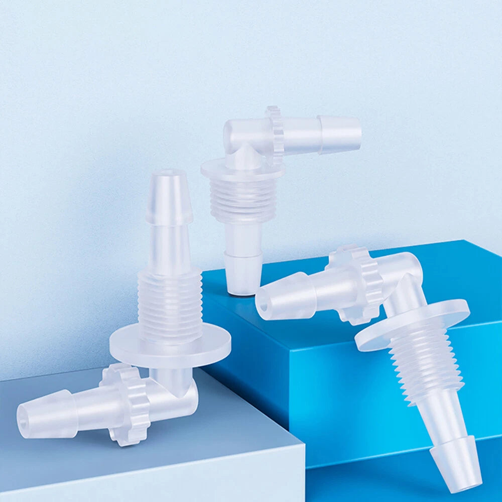 Bulkhead Elbow Barbed Hose Connector — Plastic Pipe Fitting with Thread Adapter, Nut & Gasket