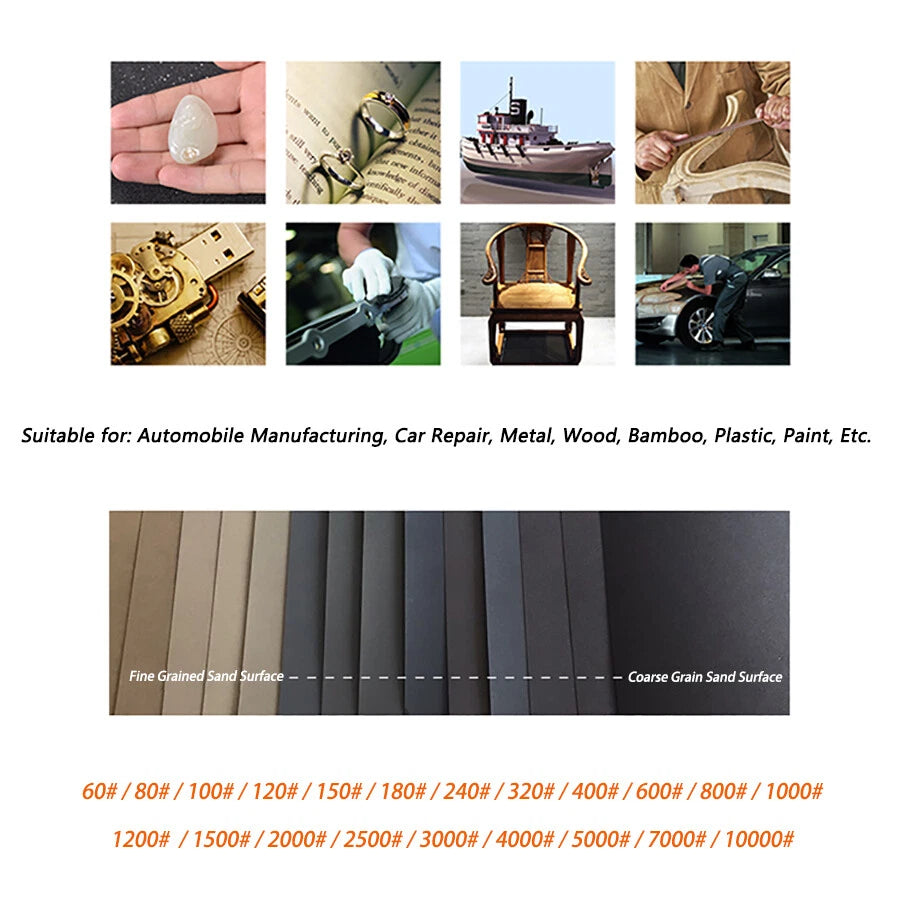93x230mm Silicon Carbide Wet & Dry Sandpaper — P60 to P10000 Grit Waterproof Paper Sheets for Metal Wood Auto