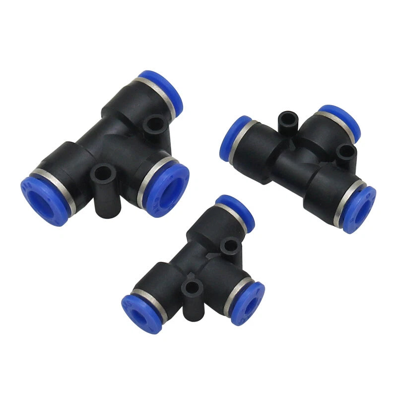 Pneumatic Push-in T-Shape 3-Way Fitting — Air Water Tube Connector PE4–PE16 & Reducing
