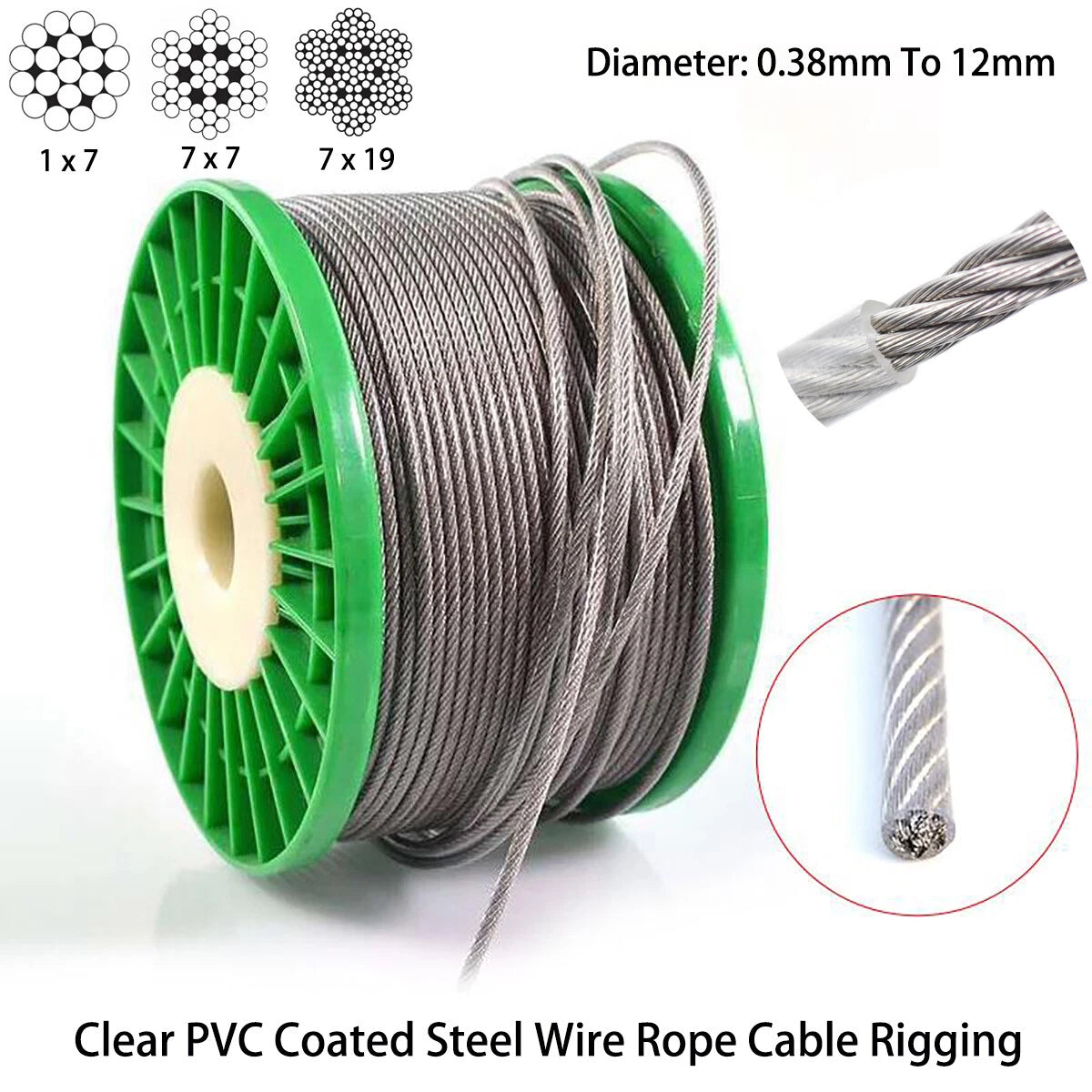 Clear PVC Coated Steel Wire Rope Metal Cable Rigging 0.38mm-12mm Heavy Duty