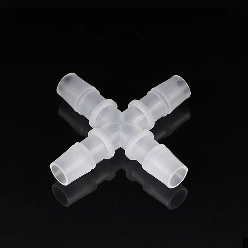 4-Way Plastic Hose Connector — Cross & Slant Equal Joint, OD 2.4mm–12.7mm