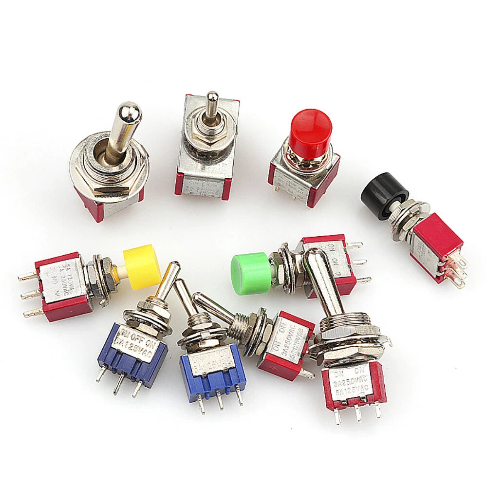 Mini Toggle Switch MTS/PS Series — Red & Blue SPDT 3/6/9/12-Pin, 2-Way & 3-Way