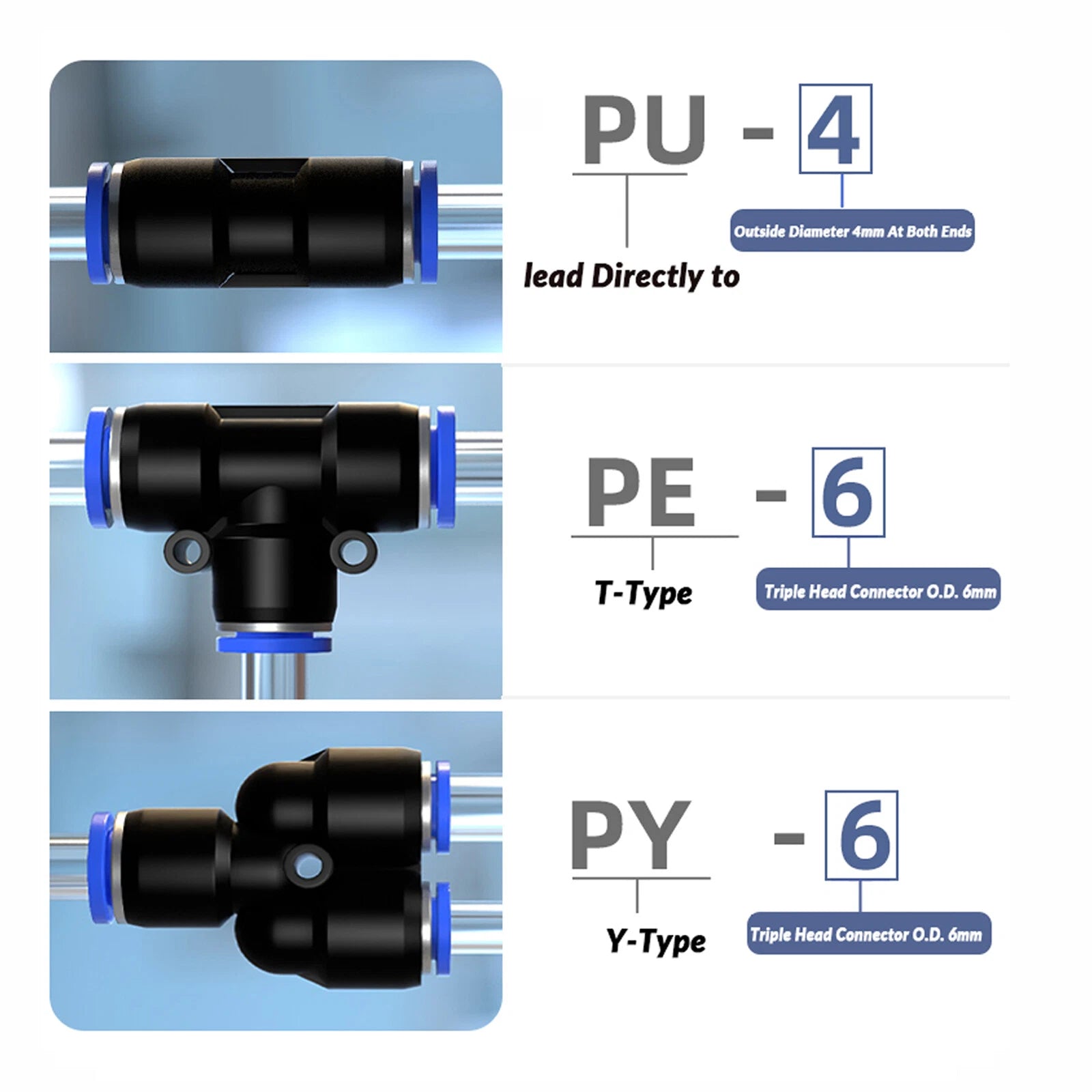 Pneumatic Push-In Fittings — PG / PU / PE Air & Water Hose Connectors, 4mm–16mm