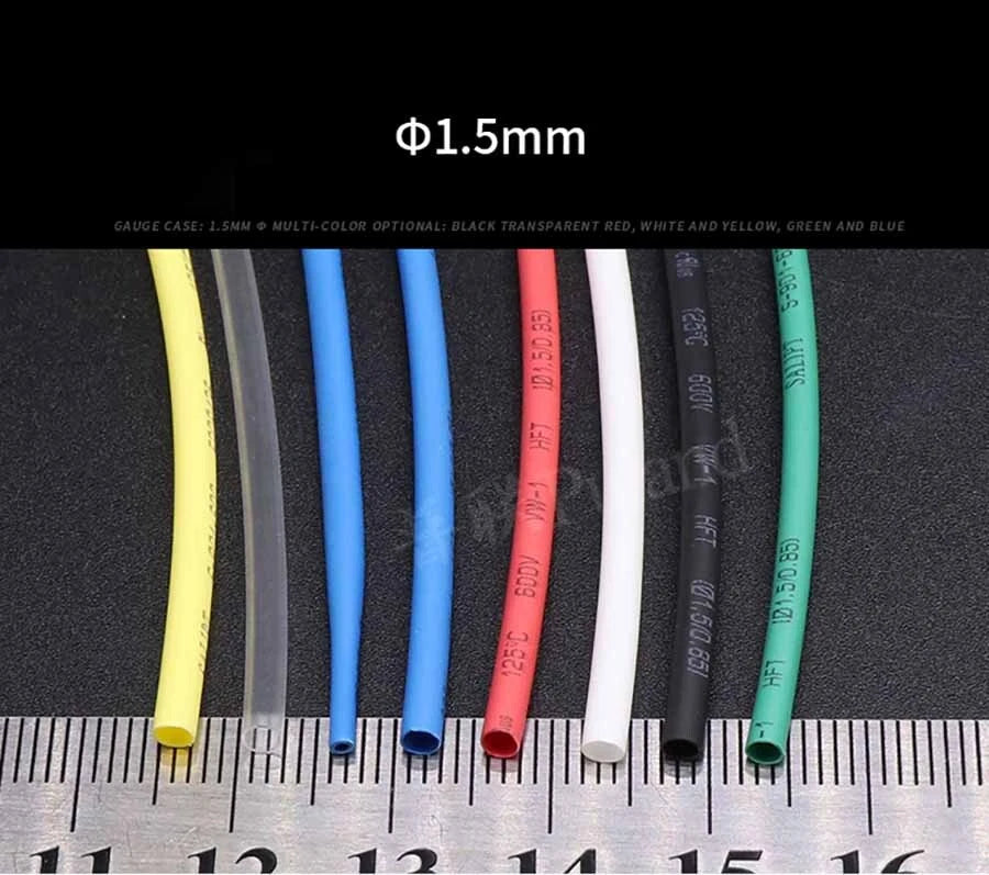 1.5mm Heat Shrink Tubing 2:1 Ratio – 7 Colors, Black White Red Green Yellow Blue Clear