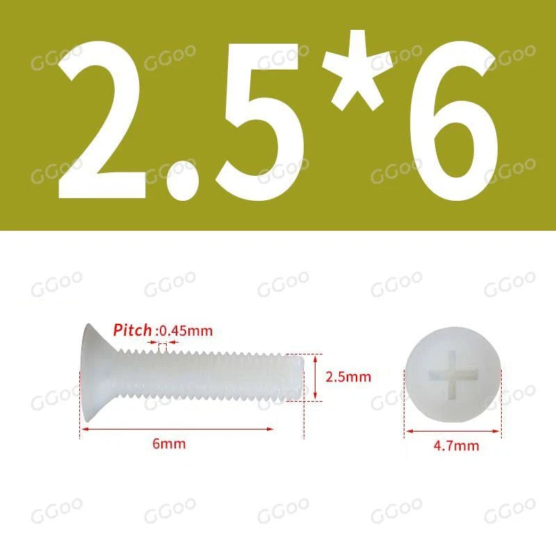 White Nylon Phillips Flat Head Machine Screws DIN 965 — M2.5 M3 M4 M5 M6 M8