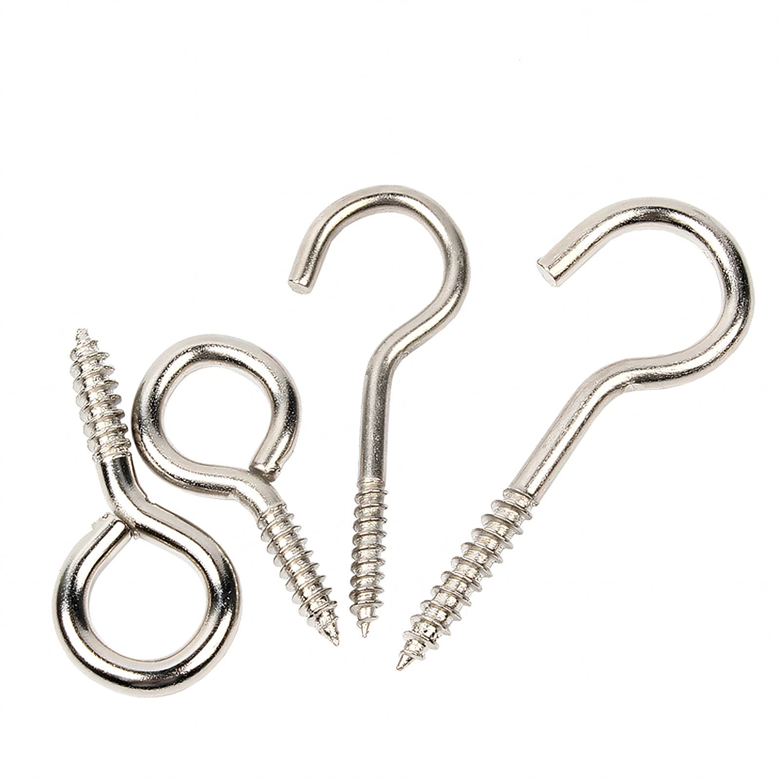 Screw-In Eye Hooks & Open Hooks — Nickel, Zinc & 304 Stainless, 16–106mm, All Sizes