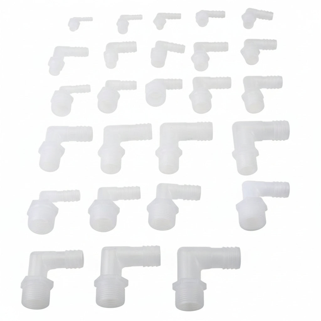 Plastic Male Thread Barbed 90° Elbow Hose Fitting — 1/8" to 3/4" NPT
