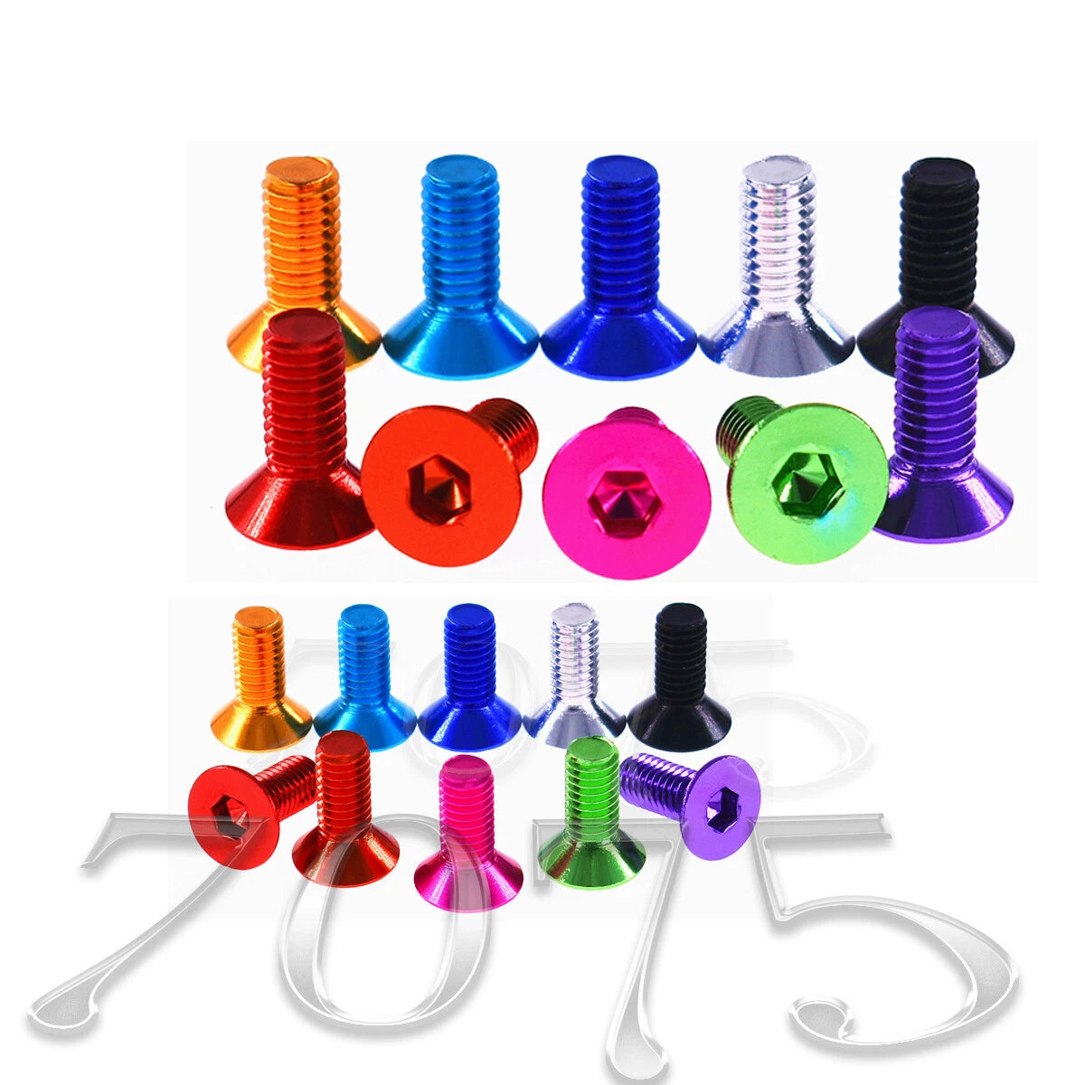 M3–M6 Aluminum 7075 Flat Head Allen Bolts – Color Anodized, 10mm Length, Fully Threaded