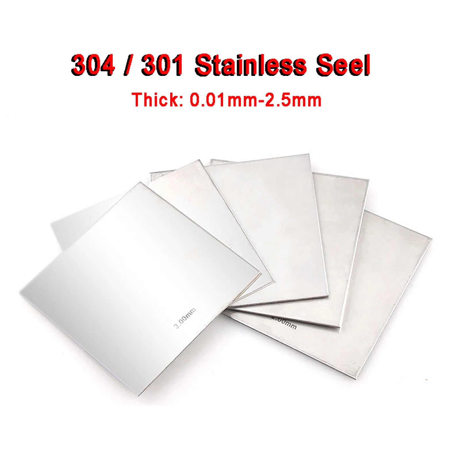 304 / 301 Stainless Steel Sheet — 0.01mm to 2.5mm Thick | 100, 200, 300mm Sizes