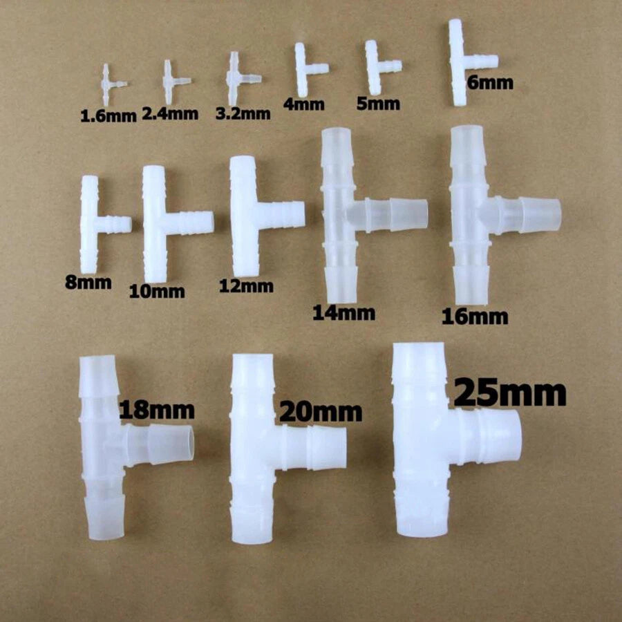 Plastic Barbed Hose Connectors — Elbow, T-Tee, Y-Tee & Cross Fittings for Aquarium & Washer Lines