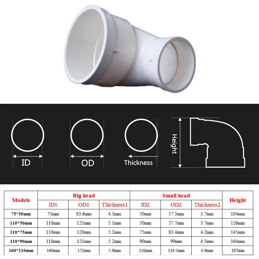 PVC Drainage Pipe Reducer 90° Elbow Connector Adapter Drain Fittings Joint White