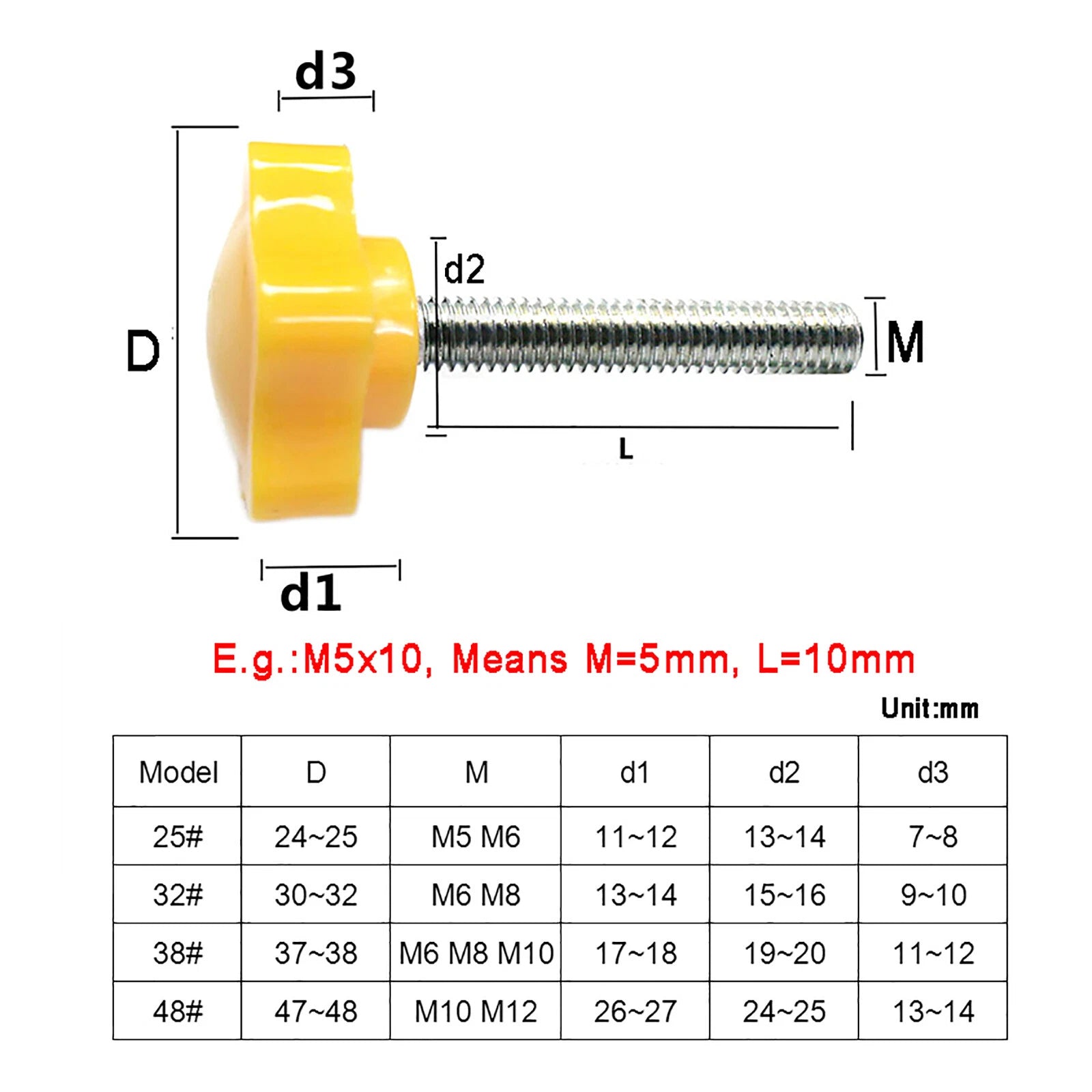 25# Six-petals Flower M6 Yellow Thumb Screws Hand Grip Knob Bolts Thumbscrew