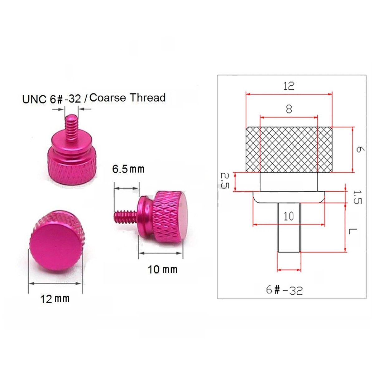 UNC 6 - 32 Anodized Aluminum Knurled Thumb Screws – 6mm, for PC Computer Case (Toolless) - HomeDIYer
