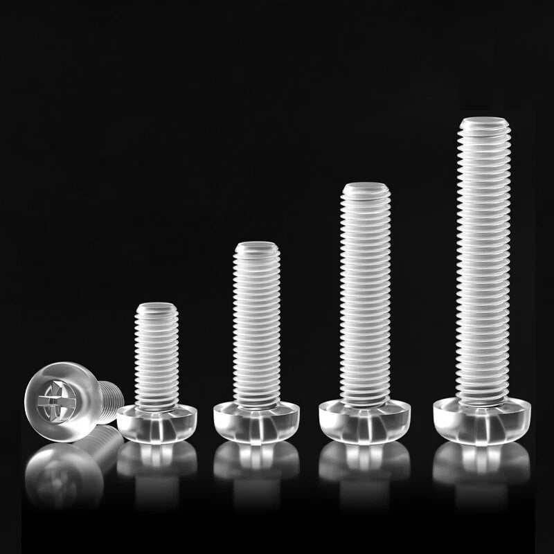 M2–M8 Transparent Plastic Phillips Pan Head Machine Screws – PC Material, Fully Threaded (4–50mm)