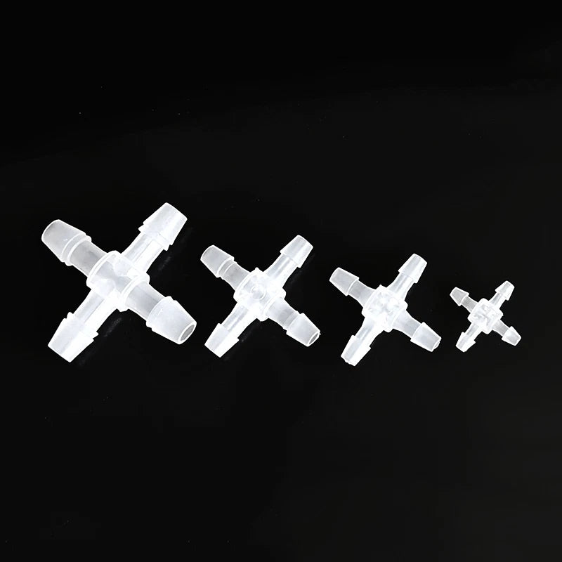 Cross 4-Way Barbed Plastic Hose Joiner Connector | 2.4mm–12.7mm