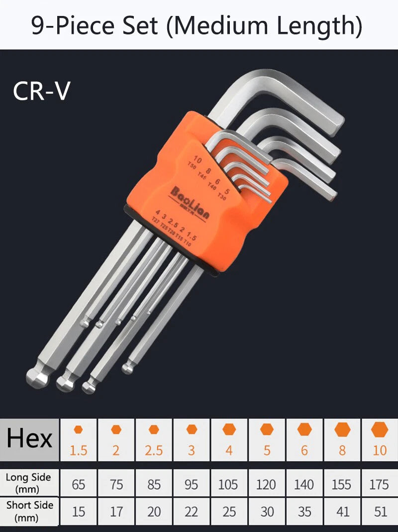 Metric Allen Key Set Hexagon Hex Ball End Wrench 9 Piece Hand Tools 1.5mm - 10mm