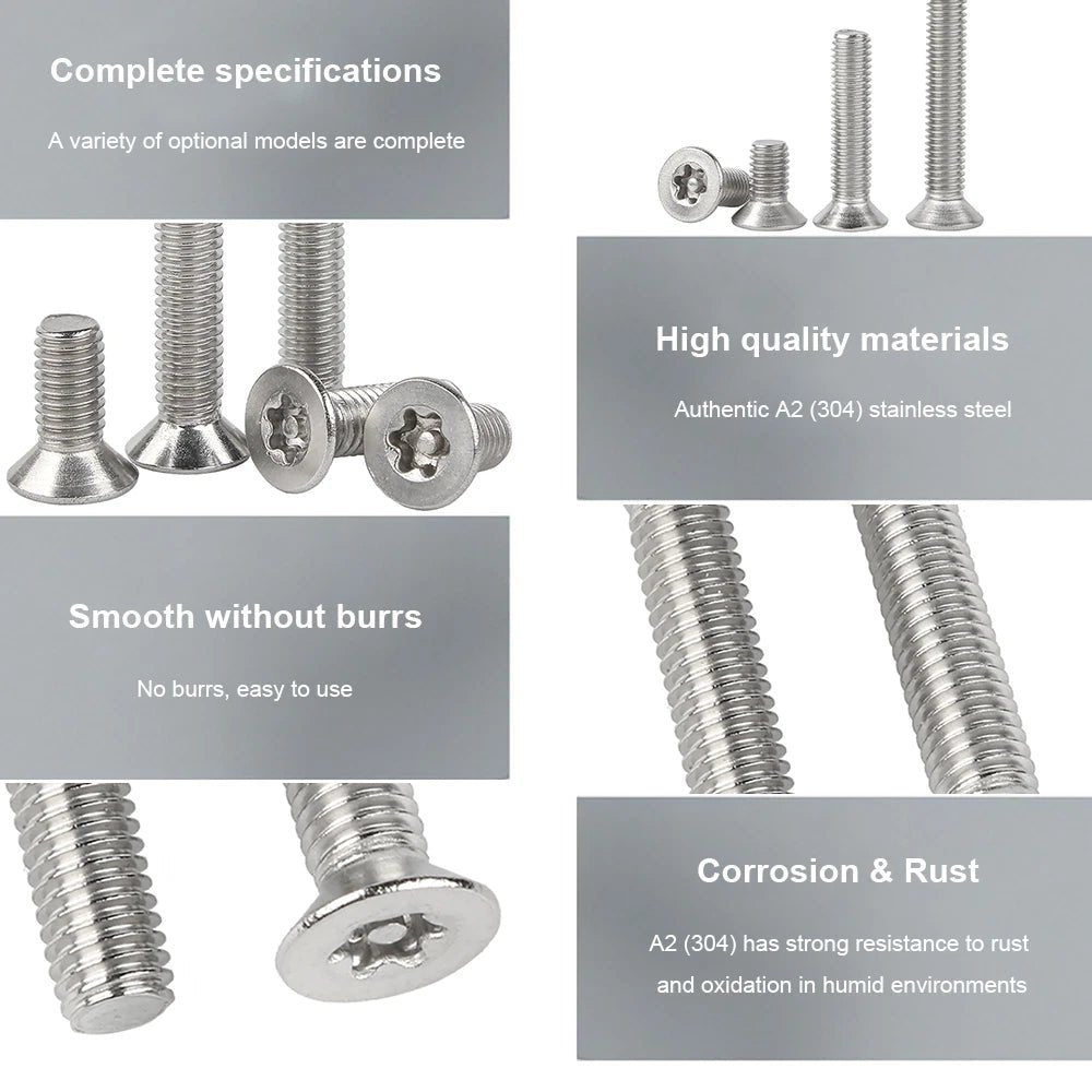 M3–M8 Pin Torx Countersunk Flat Head Machine Screws | A2 Stainless Steel - HomeDIYer