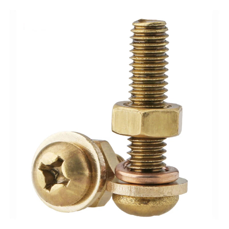Brass Phillips Pan Head Machine Screws with Hex Nuts & Washers — M3 M4 M5 M6 M8