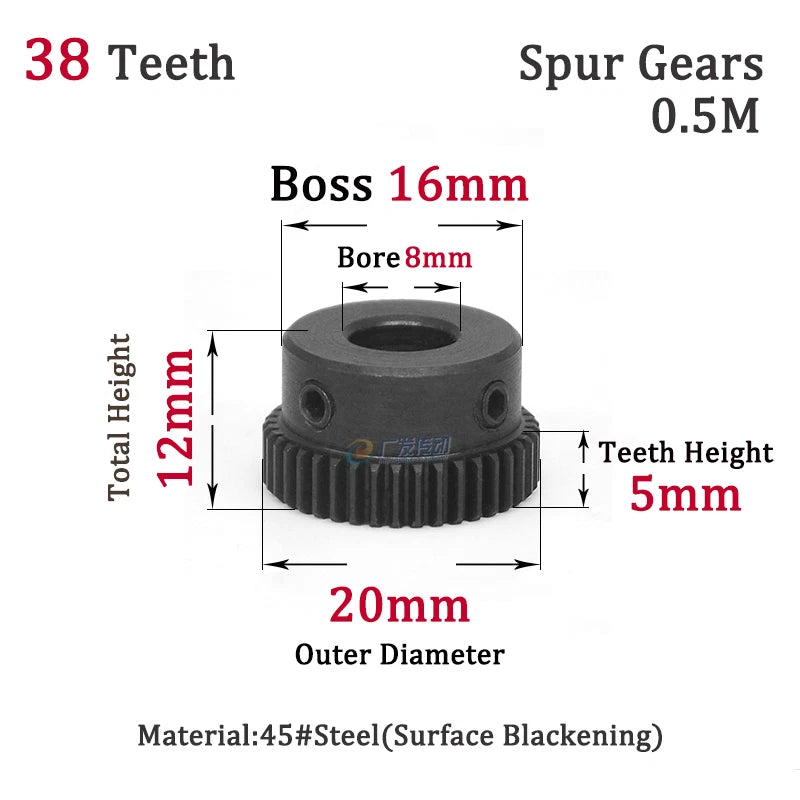 0.5M 38T Spur Gears Steel Pinion Gears Metal Spur Transmission Gear 45 Steel