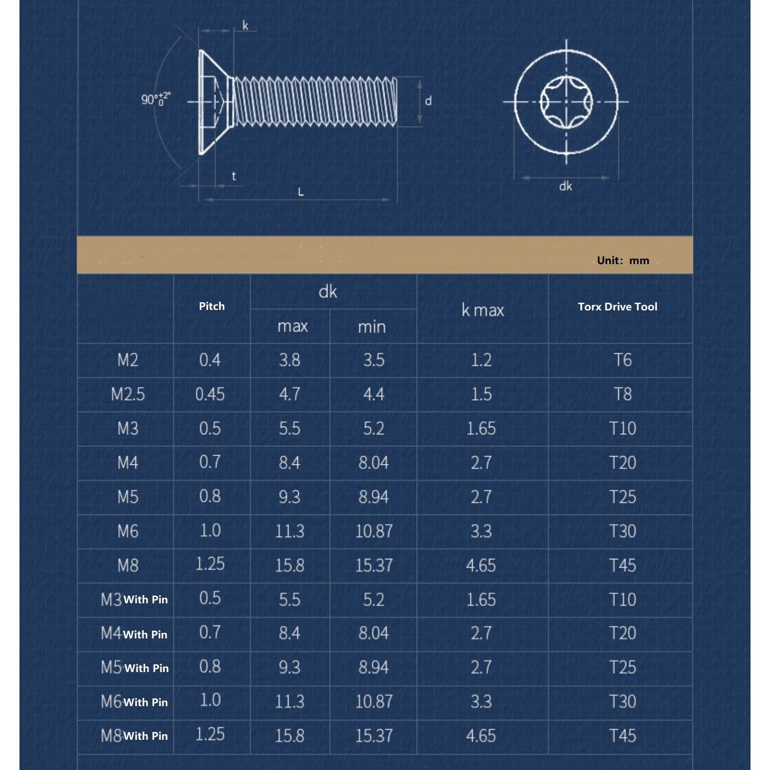 M8 Torx Countersunk Machine Screws – A2 Stainless Steel, 6‑Lobe Drive, Fully Threaded (Overall Length Includes Head)