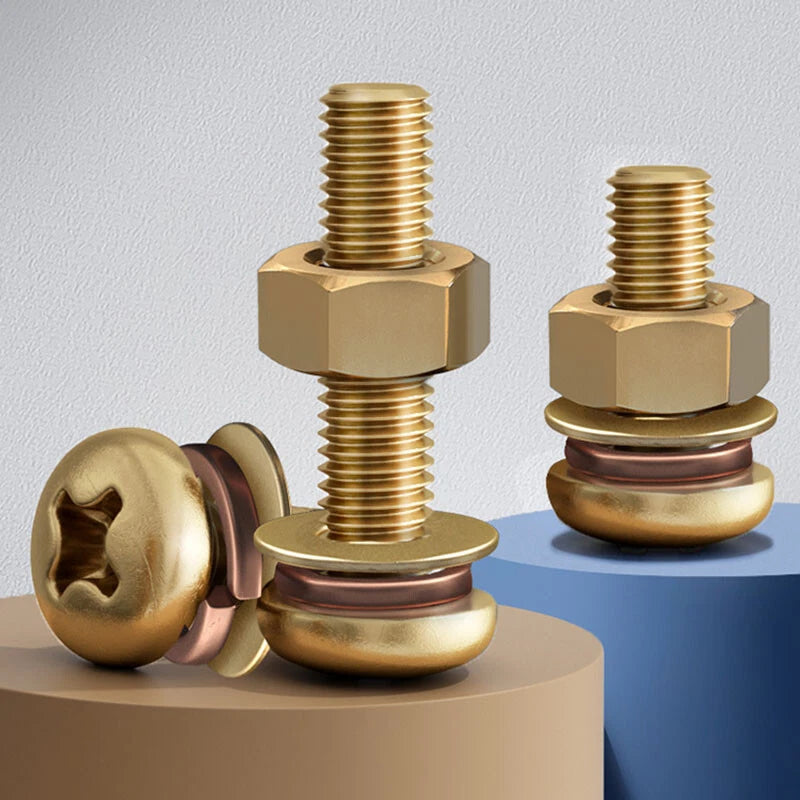 M3 M4 M5 Brass Phillips Pan Head Screws with Washer & Hex Nut – Fully Threaded, Grade 5
