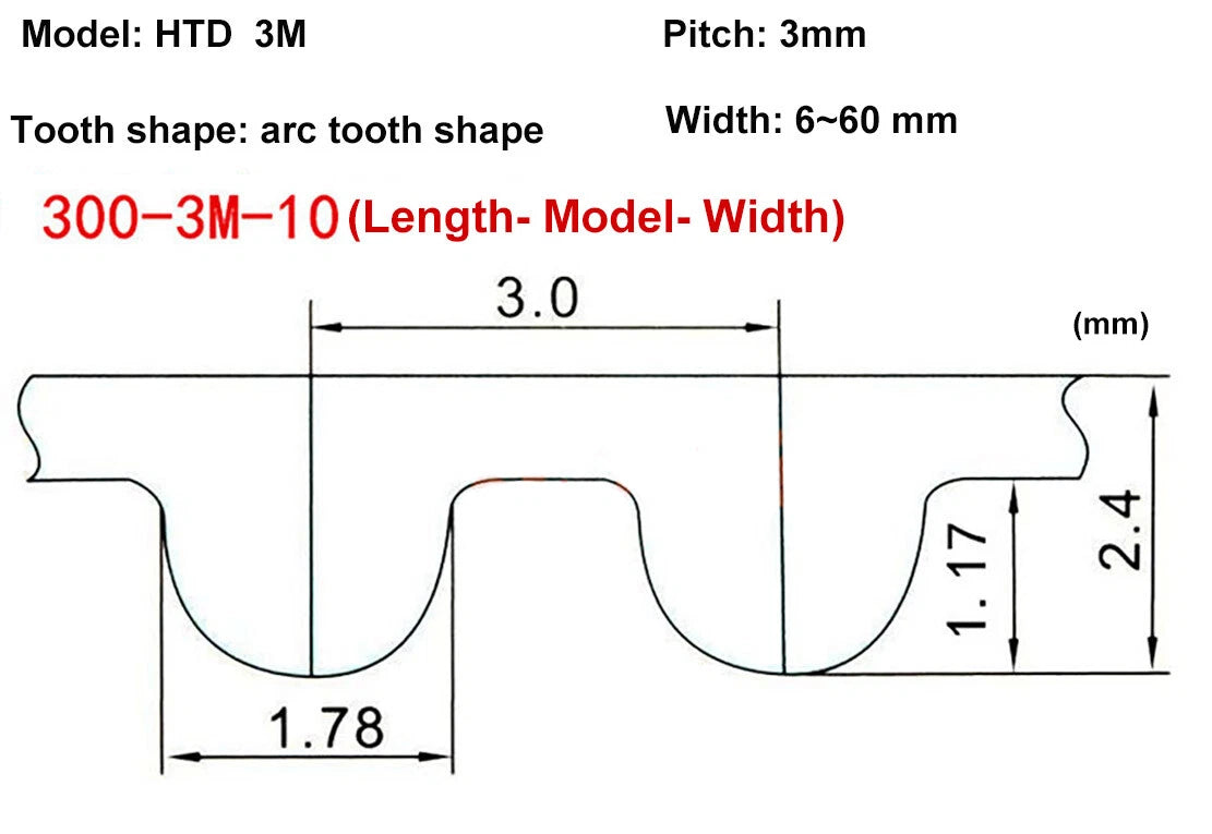 HTD 3M Timing Belt 6mm Wide — Perimeter 201mm to 297mm Closed Loop Drive Belt