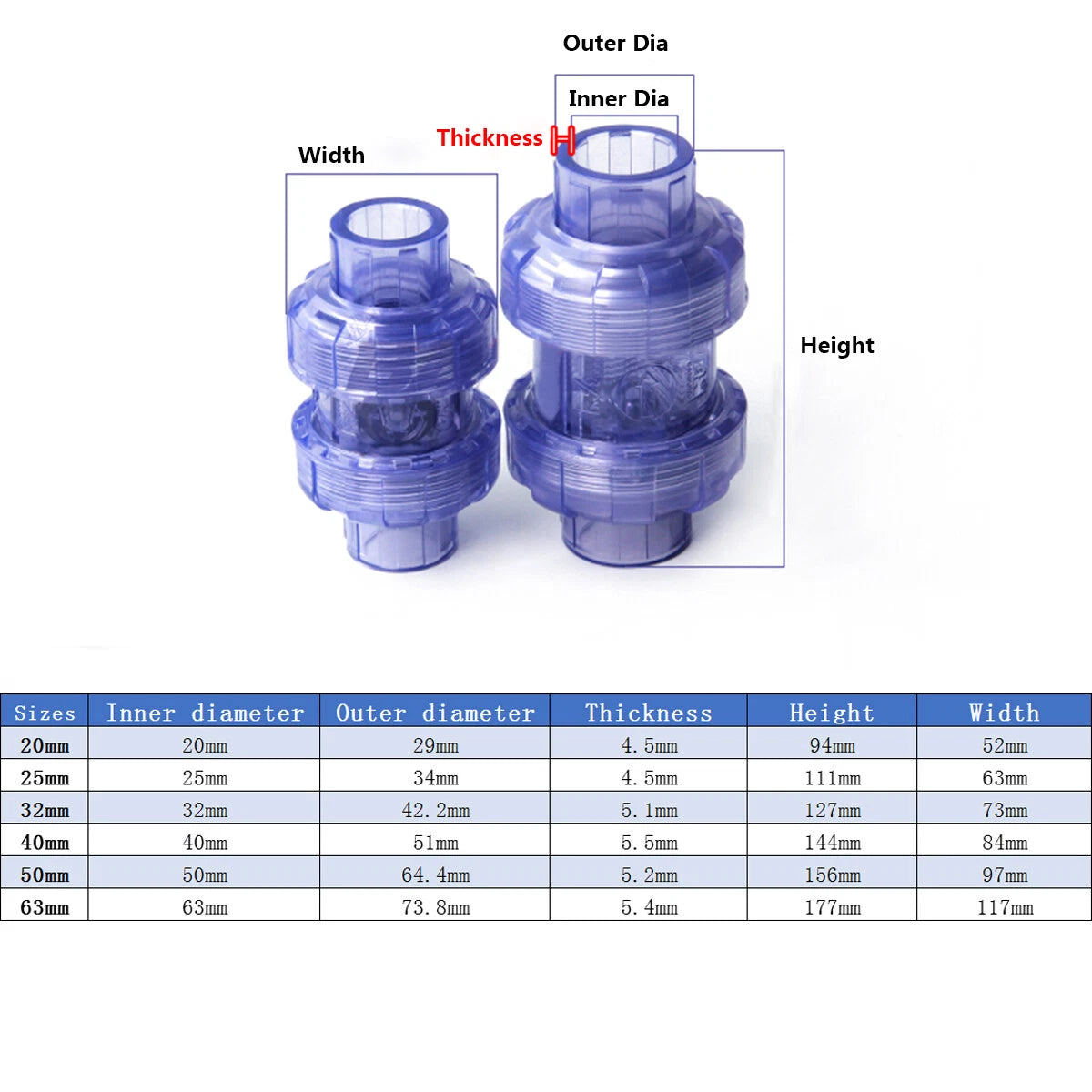 20mm-63mm Clear PVC Check Valve True Union Pipe Fittings for Aquarium Fish Tank